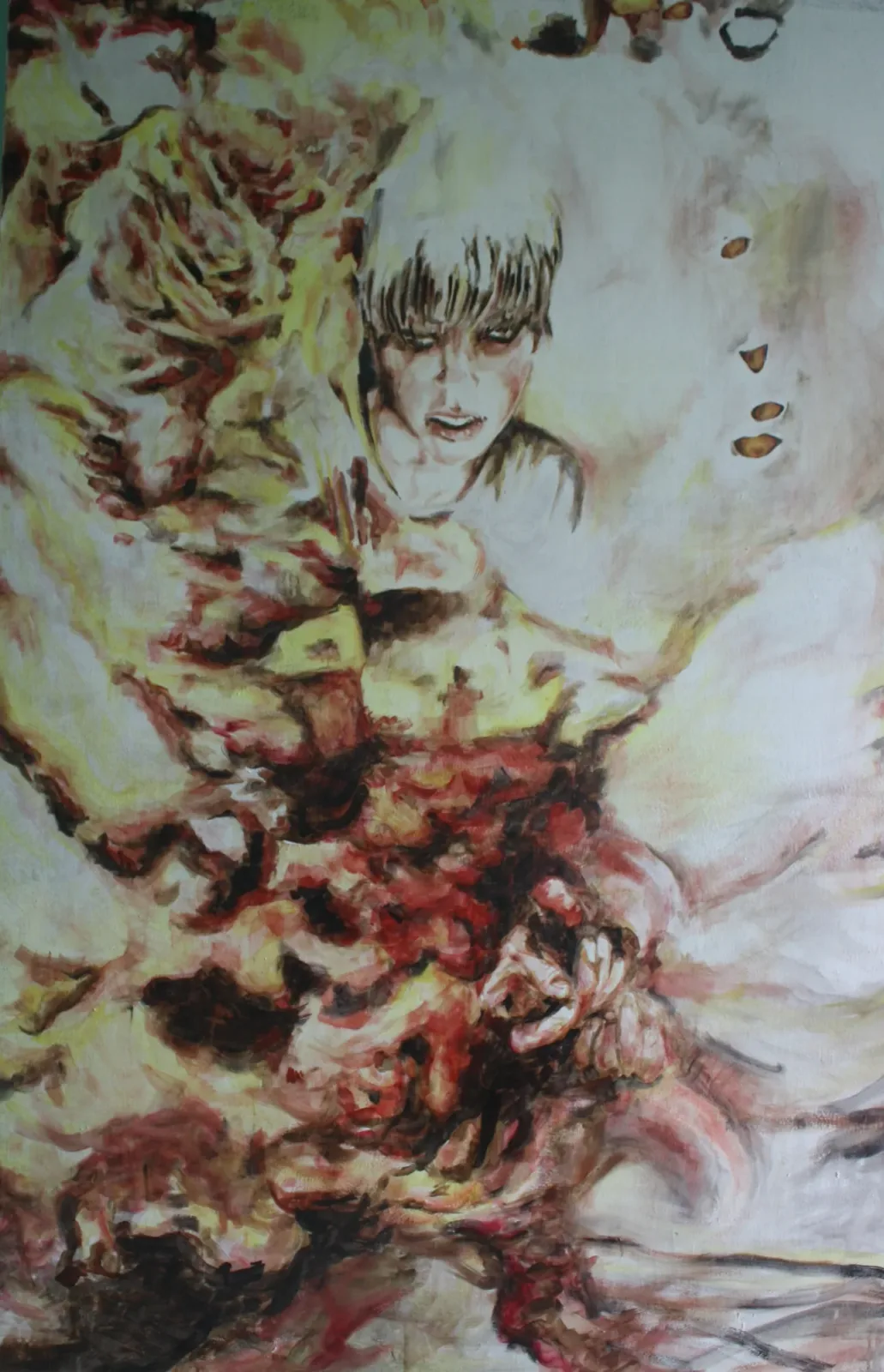oracle, Huile sur toile, 2012, 200 × 130 cm, peinture d'Aurian Guerard des Lauriers. Un jeune homme pâle aux cheveux en pointes surgit d’un brasier de corps rouges et jaunes.