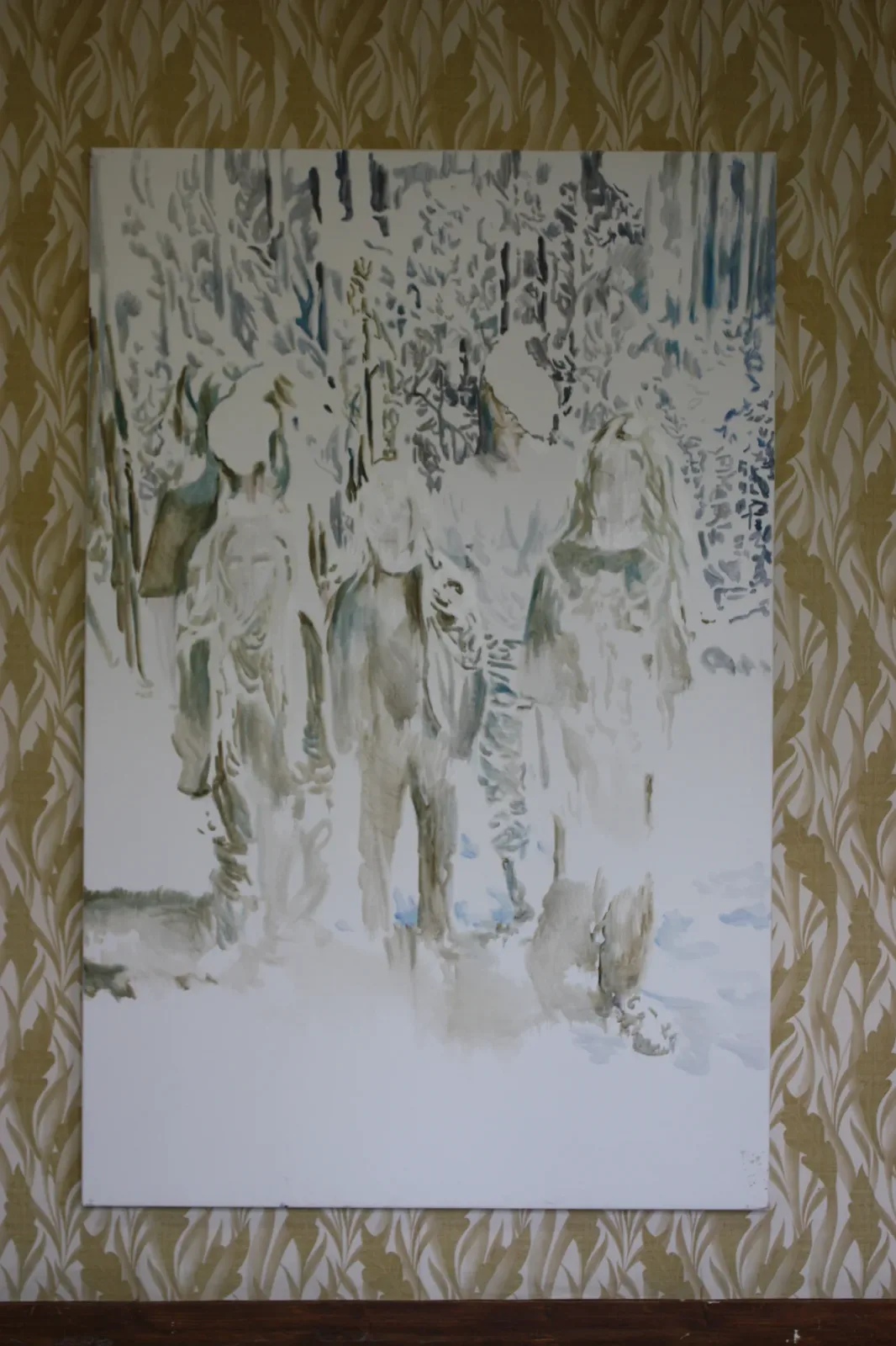 Families are trees wanted to be haunted, Installation view. The canvas hung on gold patterned wallpaper.