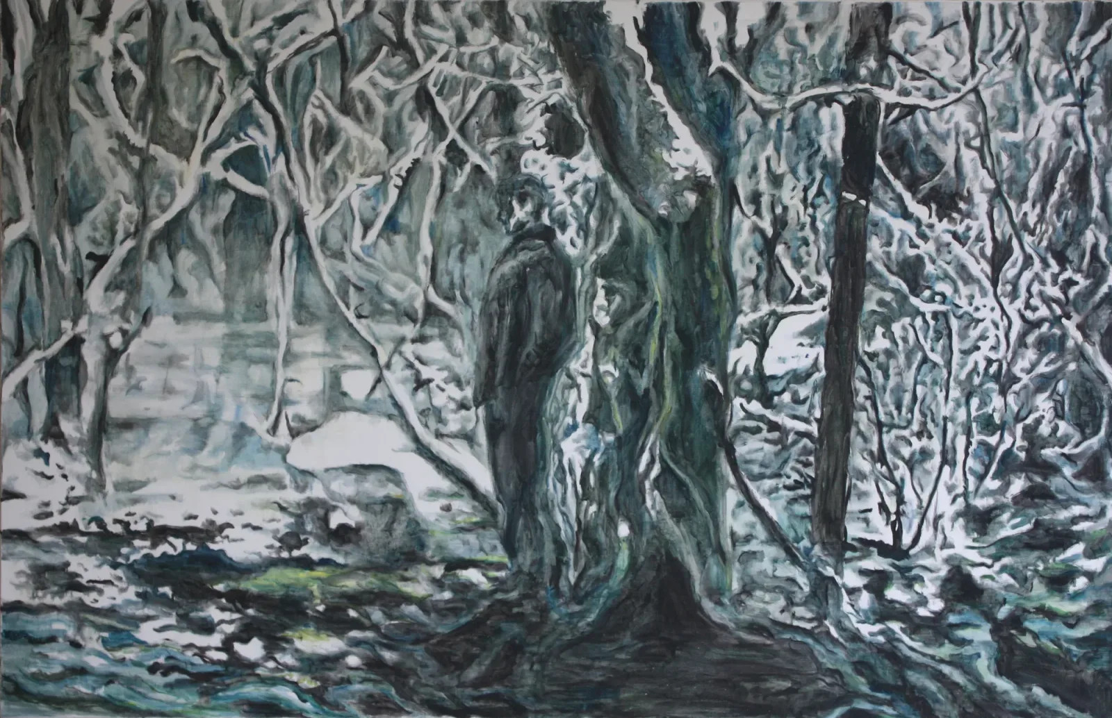 Foret et neige, Huile sur toile, 2012, 130 × 200 cm, peinture d'Aurian Guerard des Lauriers. Une silhouette sombre contre un grand arbre, dans un bois enneigé.