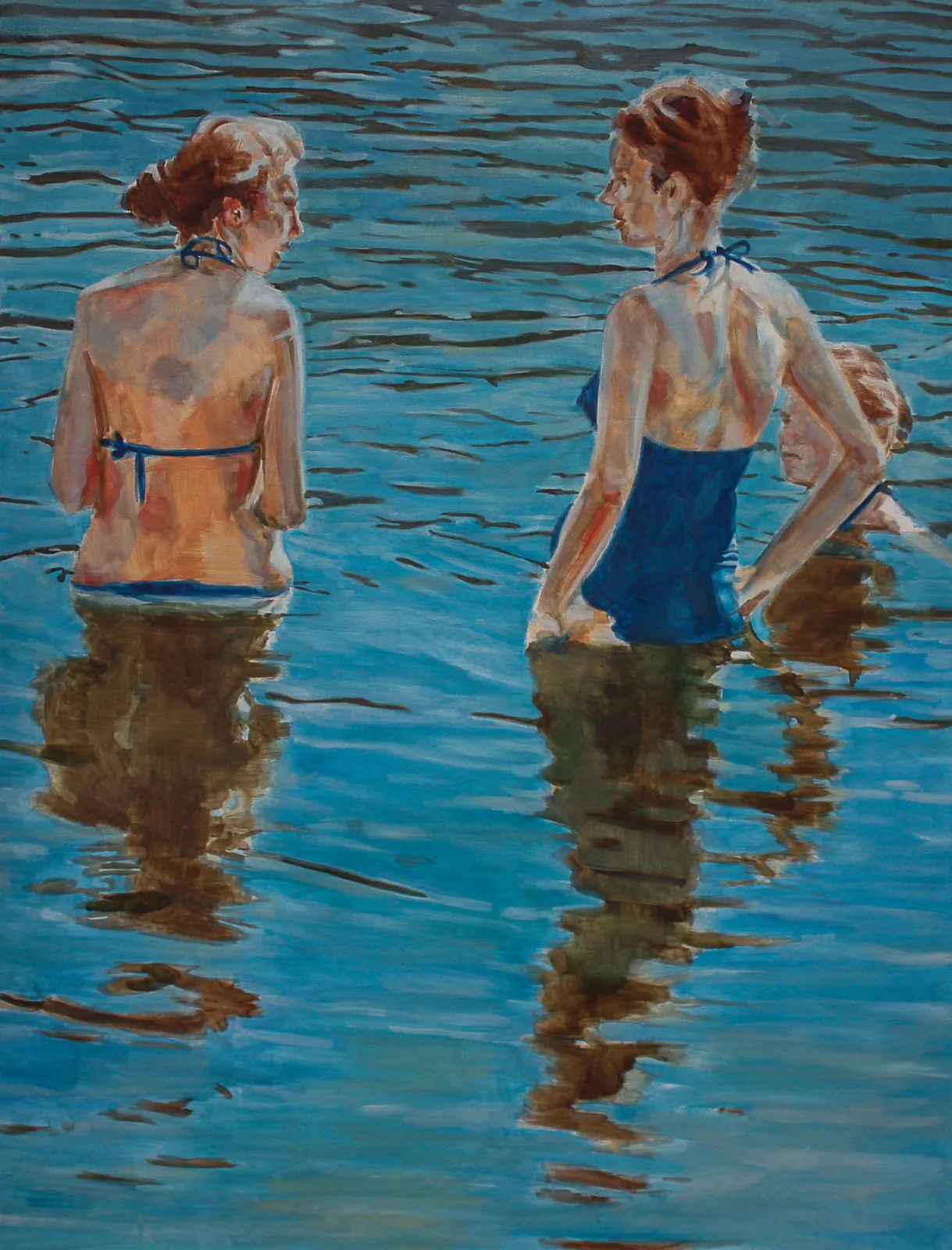 Baigneuses, Huile sur toile, 2013, 100 × 80 cm, peinture d'Aurian Guerard des Lauriers. Trois femmes en maillot de bain, dans l’eau bleue jusqu’à la taille, leurs reflets sous elles.