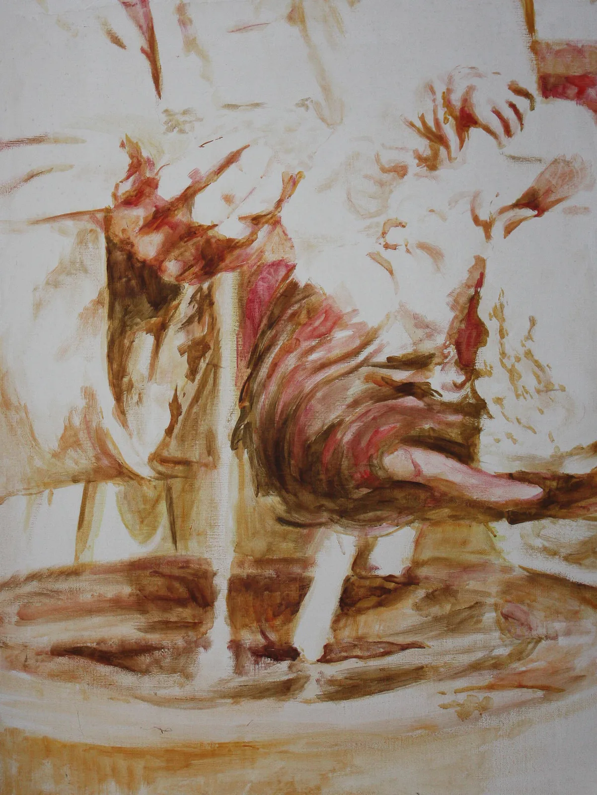 Baptism, Huile sur toile, 2016, 80 × 60 cm, peinture d'Aurian Guerard des Lauriers. Enfant porté au dessus de la cuve baptismale.