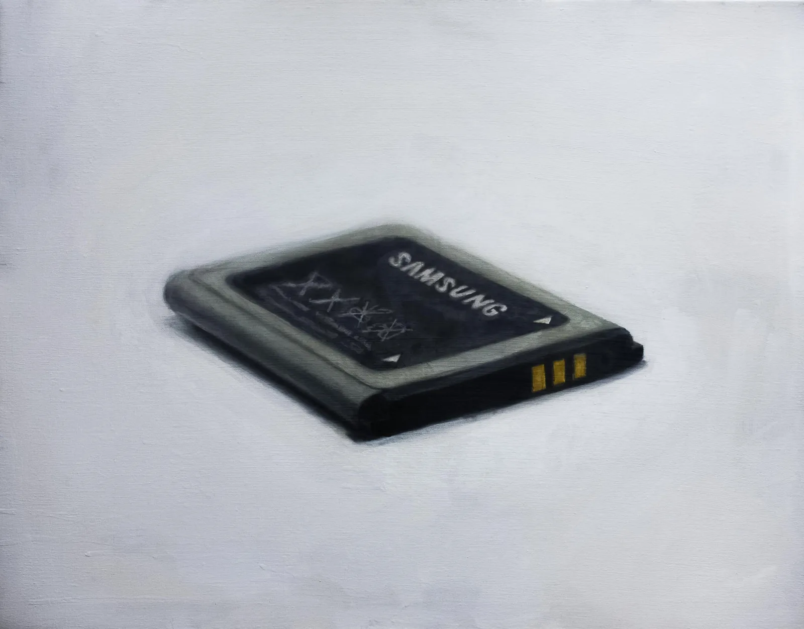 Battery, Huile sur toile, 2016, 60 × 80 cm, peinture d'Aurian Guerard des Lauriers. Une batterie de téléphone portable Samsung sur fond blanc.