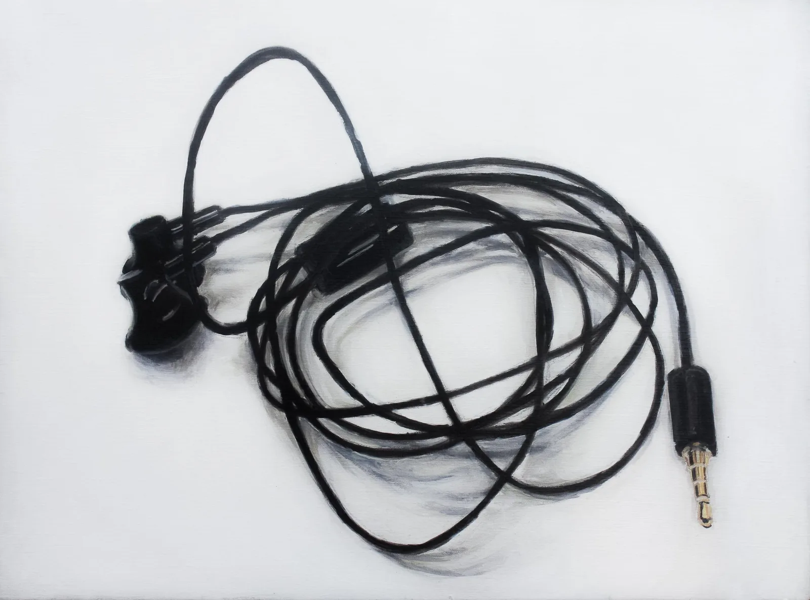 Earphones, Huile sur toile, peinture d'Aurian Guerard des Lauriers. Des écouteurs noirs emmêlés, terminés par une prise jack dorée.