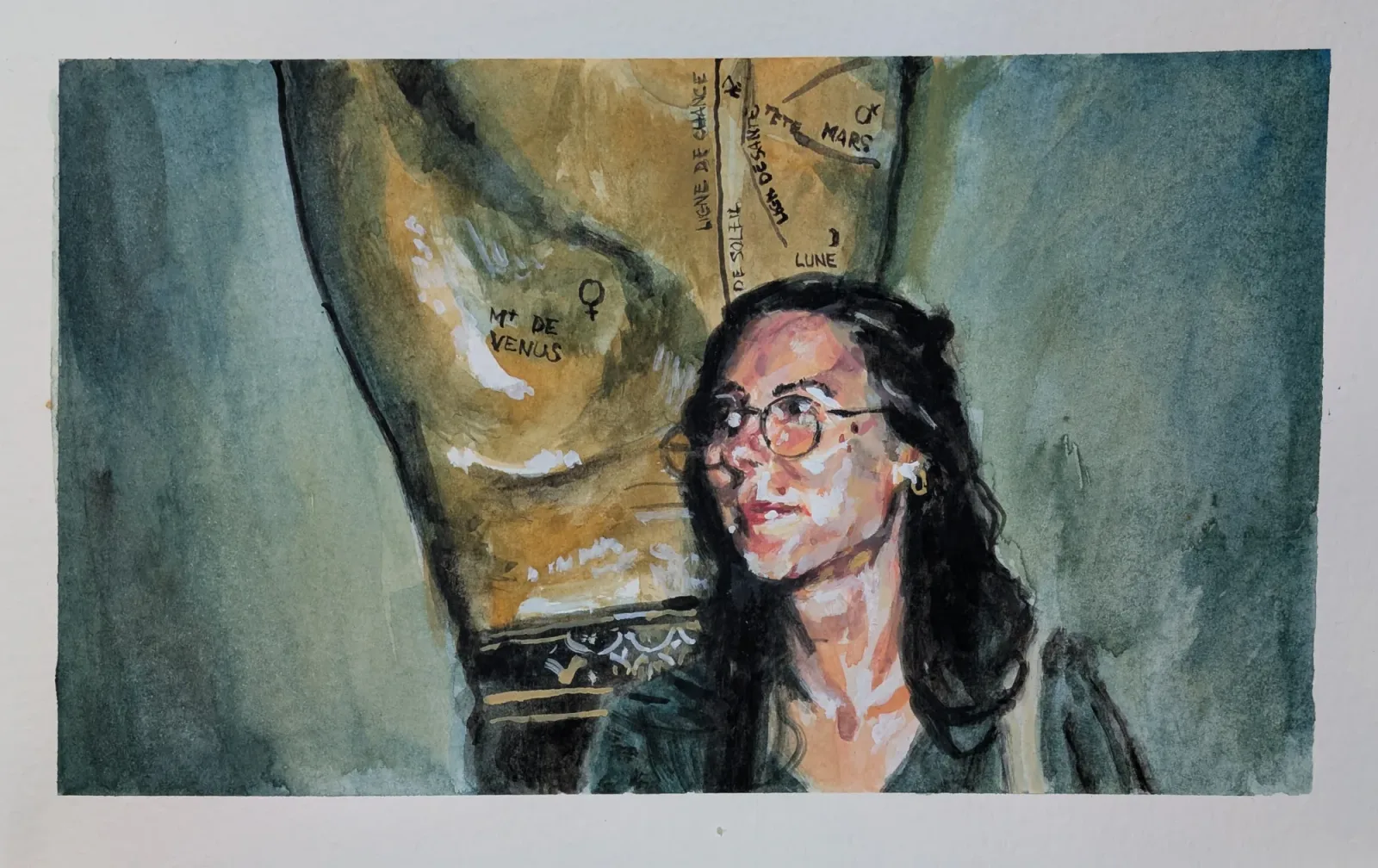 Mercury in retrograde, Aquarelle et gouache, techniques mixtes, 2026, 13 × 21 cm, peinture d'Aurian Guerard des Lauriers. Une jeune femme à lunettes, devant une carte des lignes de la main où figurent Vénus, Mars et la Lune.