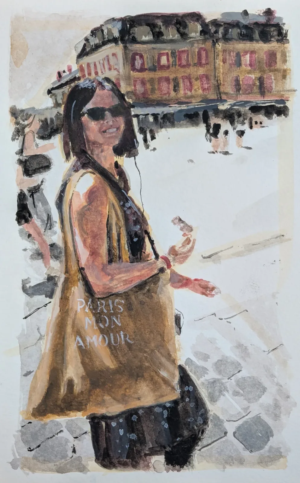 Paris mon amour, Aquarelle et gouache, techniques mixtes, 2026, 13 × 21 cm, peinture d'Aurian Guerard des Lauriers. Une femme en lunettes de soleil sur une place parisienne, un sac « Paris mon amour » à l’épaule.
