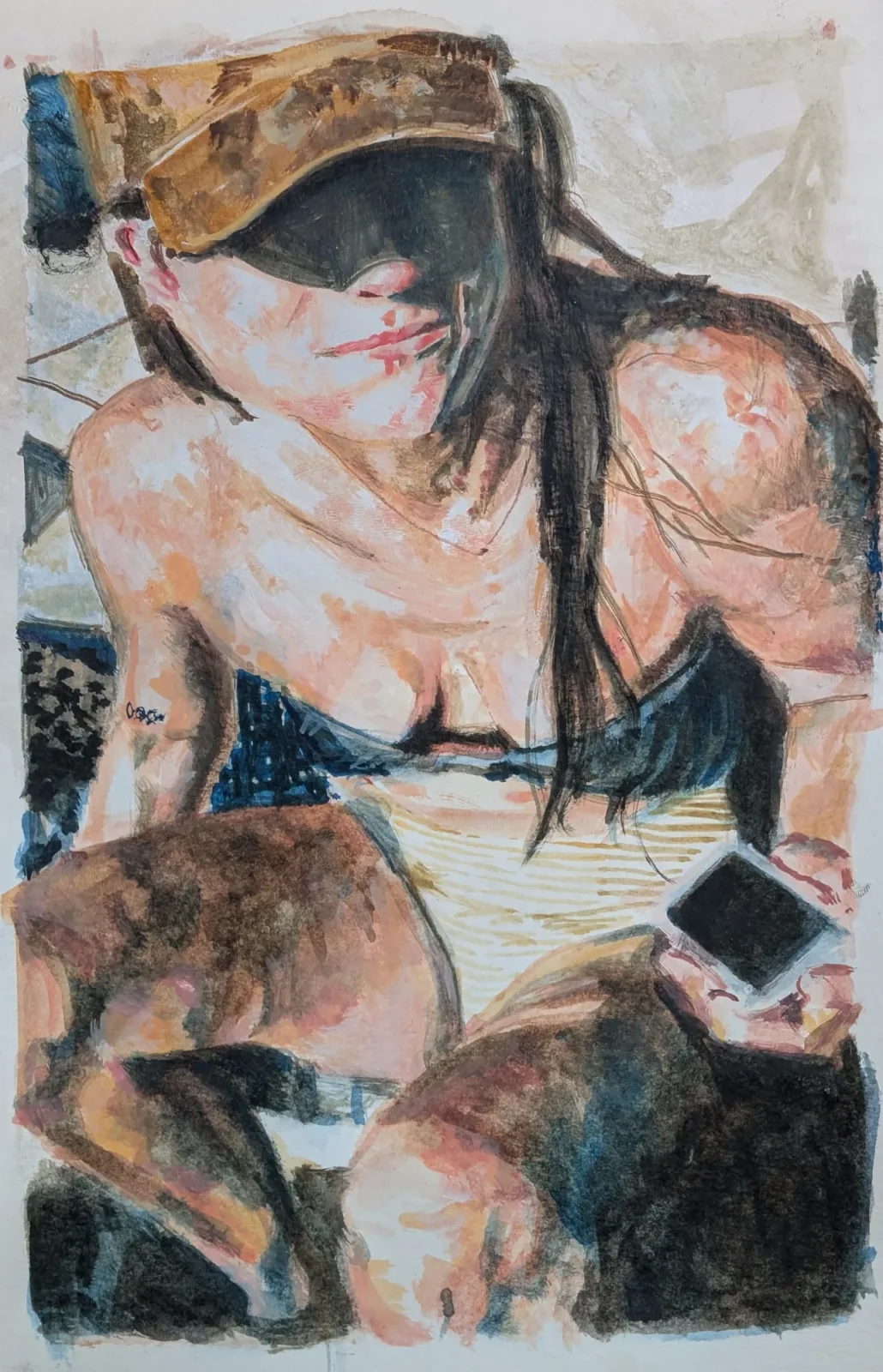 Mélanie au bord de la piscine, Aquarelle et gouache, techniques mixtes, 2026, 13 × 21 cm, peinture d'Aurian Guerard des Lauriers. Une femme en casquette, le visage dans l’ombre, tient un téléphone.