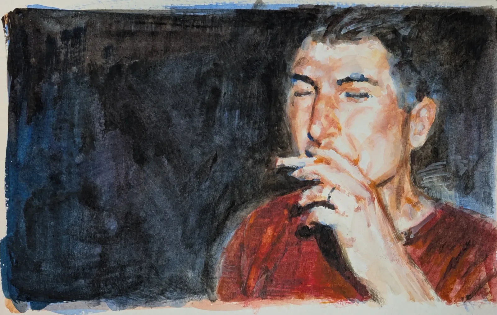 Smoking man, Aquarelle et gouache, techniques mixtes, 2026, 13 × 21 cm, peinture d'Aurian Guerard des Lauriers. Un homme en t-shirt rouge fume, les yeux fermés, sur fond sombre.