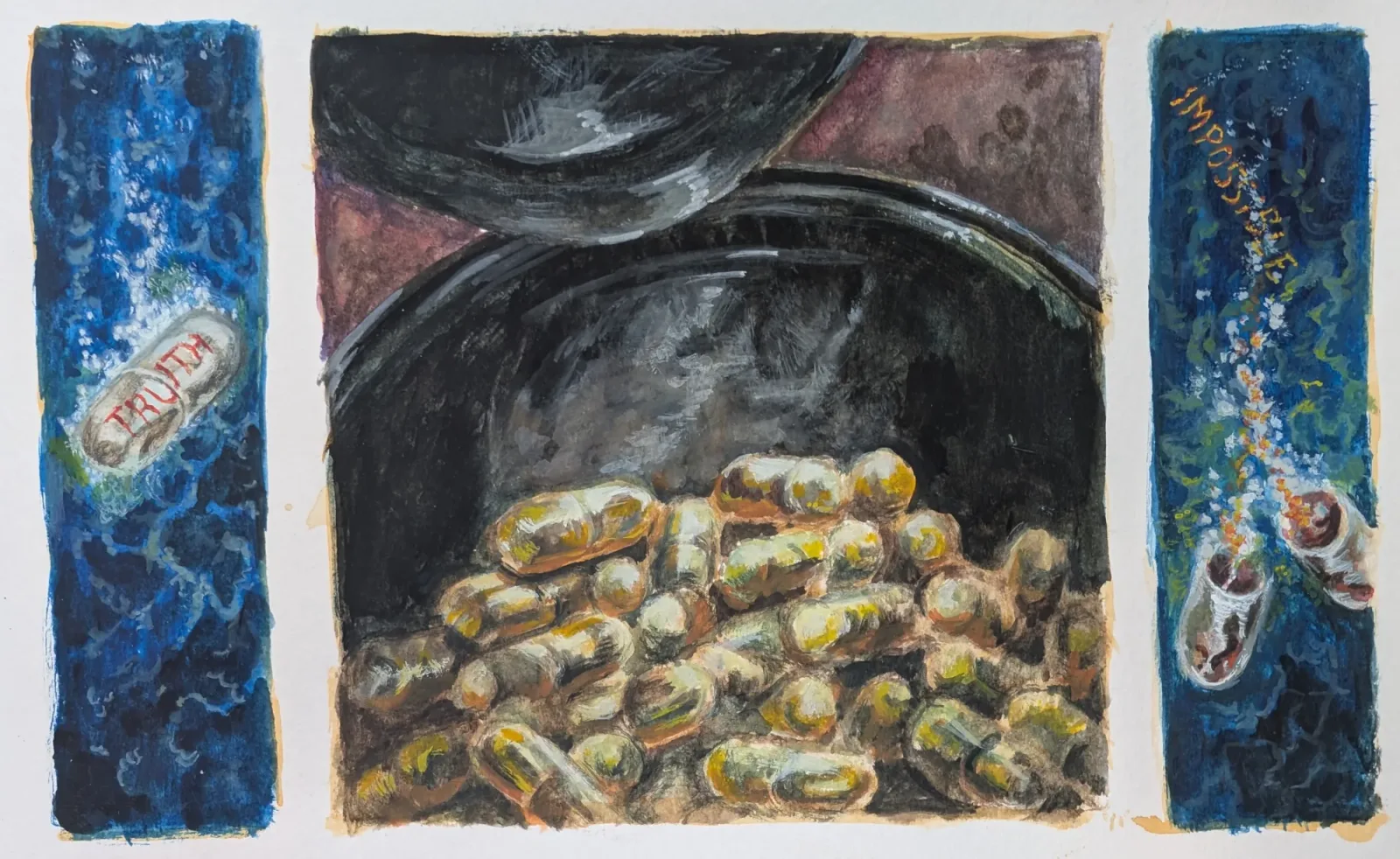 Opening ceremony, Aquarelle et gouache, techniques mixtes, 2026, 13 × 21 cm, peinture d'Aurian Guerard des Lauriers. Trois panneaux : un bocal plein de gélules au centre, des gélules isolées sur fond bleu de chaque côté.