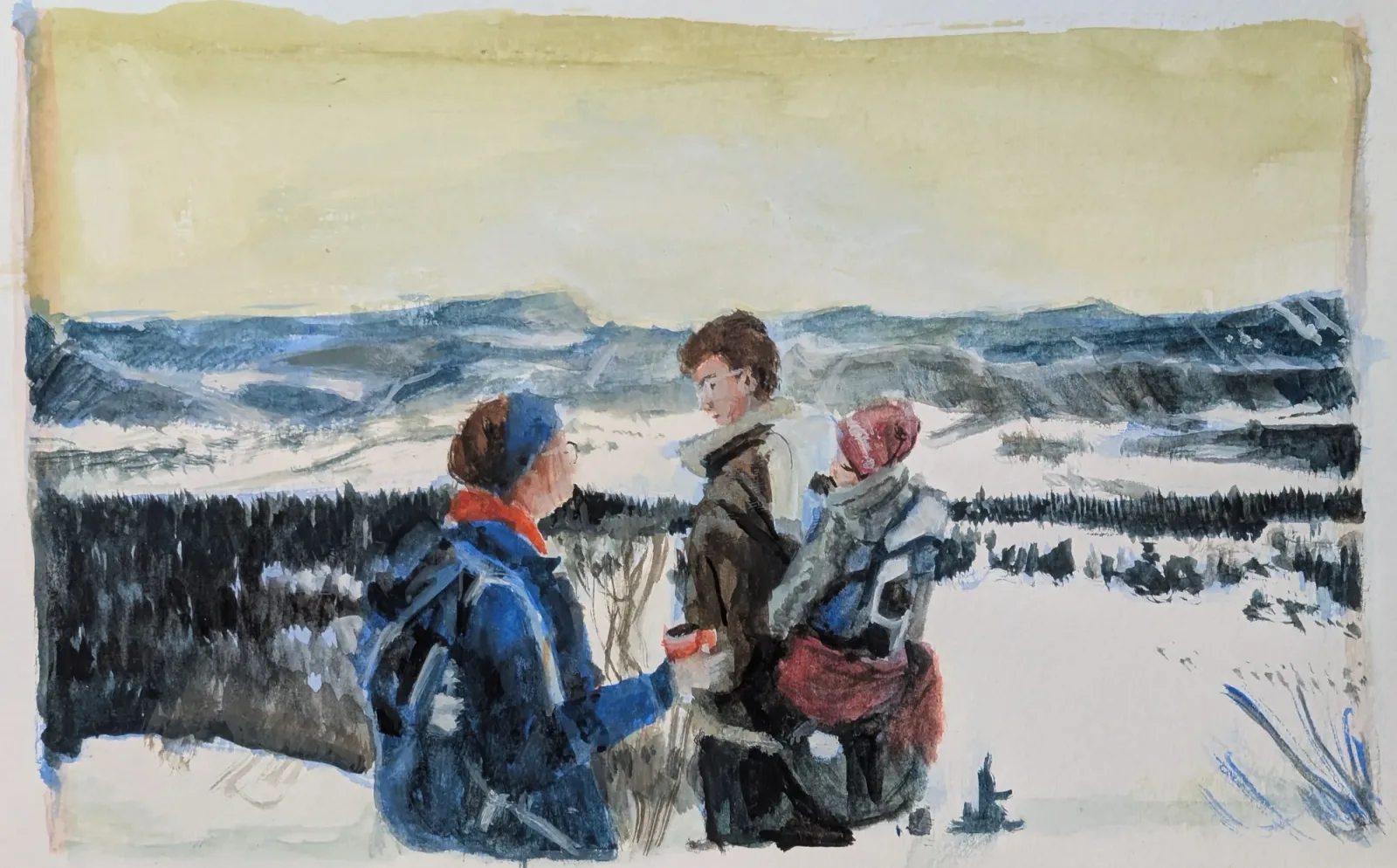 Hikers, Aquarelle et gouache, techniques mixtes, 2026, 13 × 21 cm, peinture d'Aurian Guerard des Lauriers. Deux adultes sur un plateau enneigé du Vercors au crépuscule. L’un porte un bébé sur le dos.