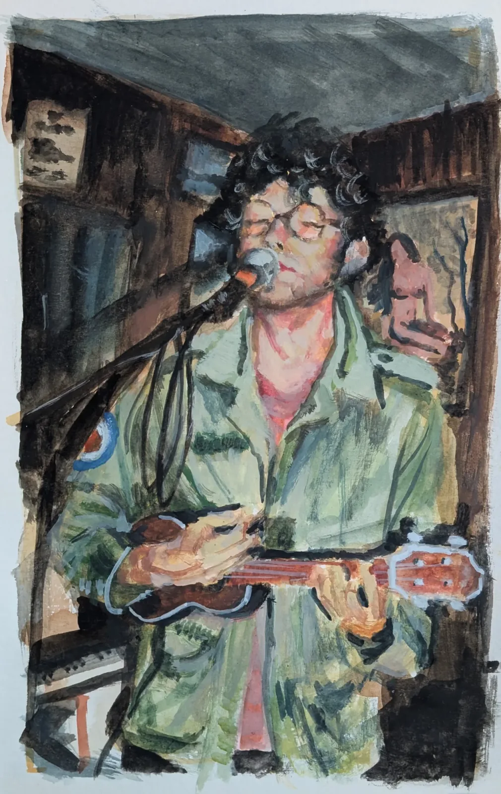 Jean Marie with ukulele and microphone, Aquarelle et gouache, techniques mixtes, 2026, 13 × 21 cm, peinture d'Aurian Guerard des Lauriers. Un chanteur aux cheveux bouclés joue du ukulélé devant un micro.