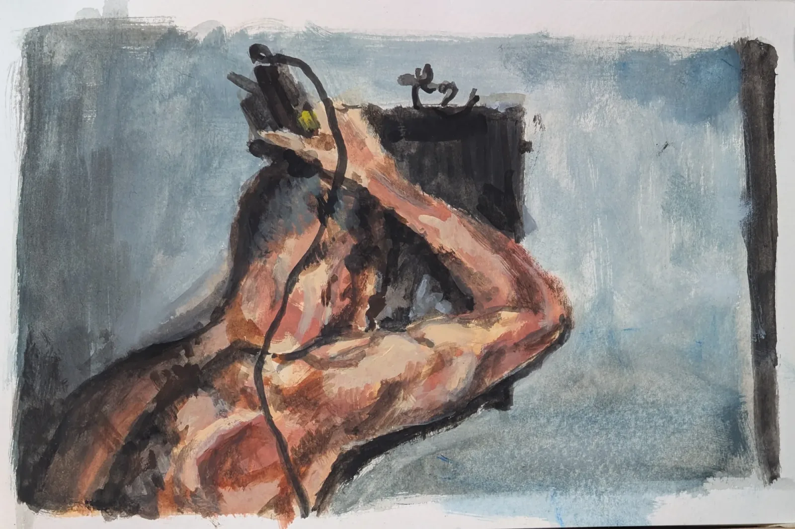 Notebook 9, Aquarelle et gouache, techniques mixtes, 13 × 21 cm, peinture d'Aurian Guerard des Lauriers. Un homme torse nu vu de dos, les bras au-dessus de la tête, un câble en travers du dos.