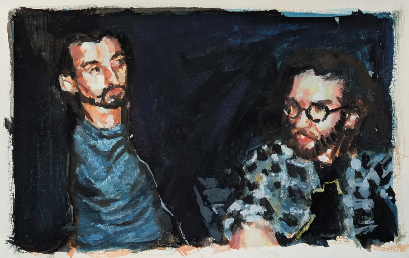 Notebook 10, Aquarelle et gouache, techniques mixtes, 13 × 21 cm, peinture d'Aurian Guerard des Lauriers. Deux hommes barbus dans une pièce sombre.