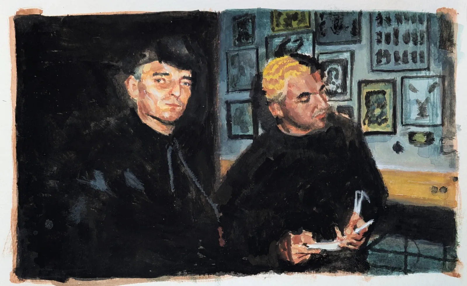 Tatoeurs, Aquarelle et gouache, techniques mixtes, 2026, 13 × 21 cm, peinture d'Aurian Guerard des Lauriers. Deux hommes assis devant un mur de dessins de tatouage encadrés.