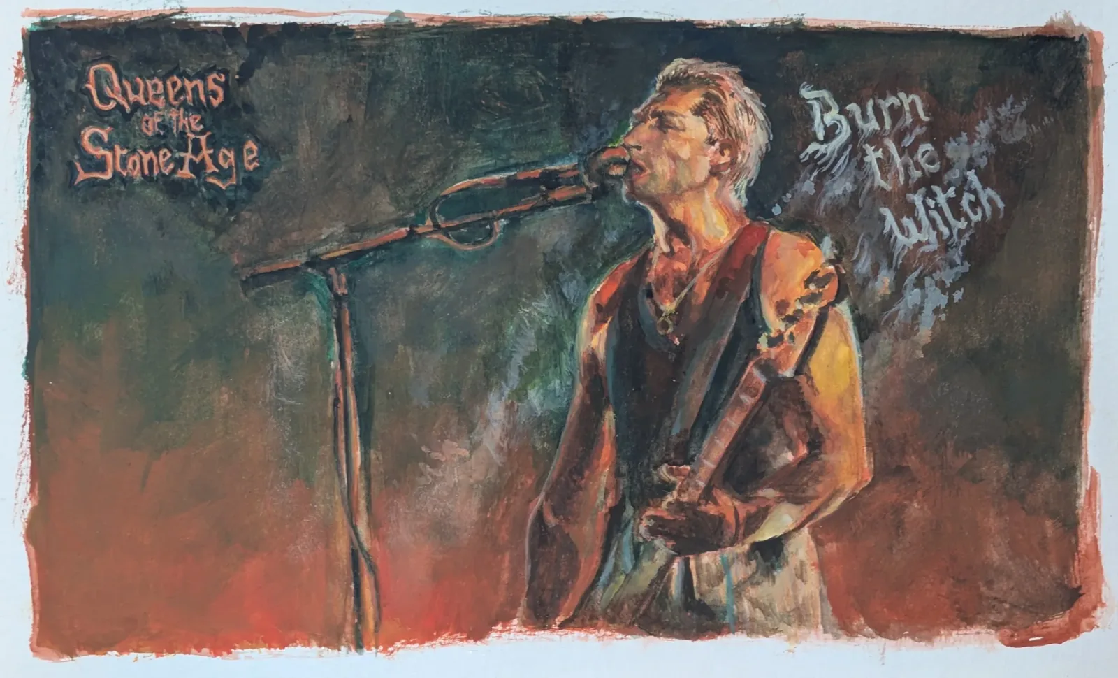 Queens of the Stone Age and Burn the Witch, Aquarelle et gouache, techniques mixtes, 2026, 13 × 21 cm, peinture d'Aurian Guerard des Lauriers. Un chanteur-guitariste au micro. La page porte les mots Queens of the Stone Age et Burn the Witch.