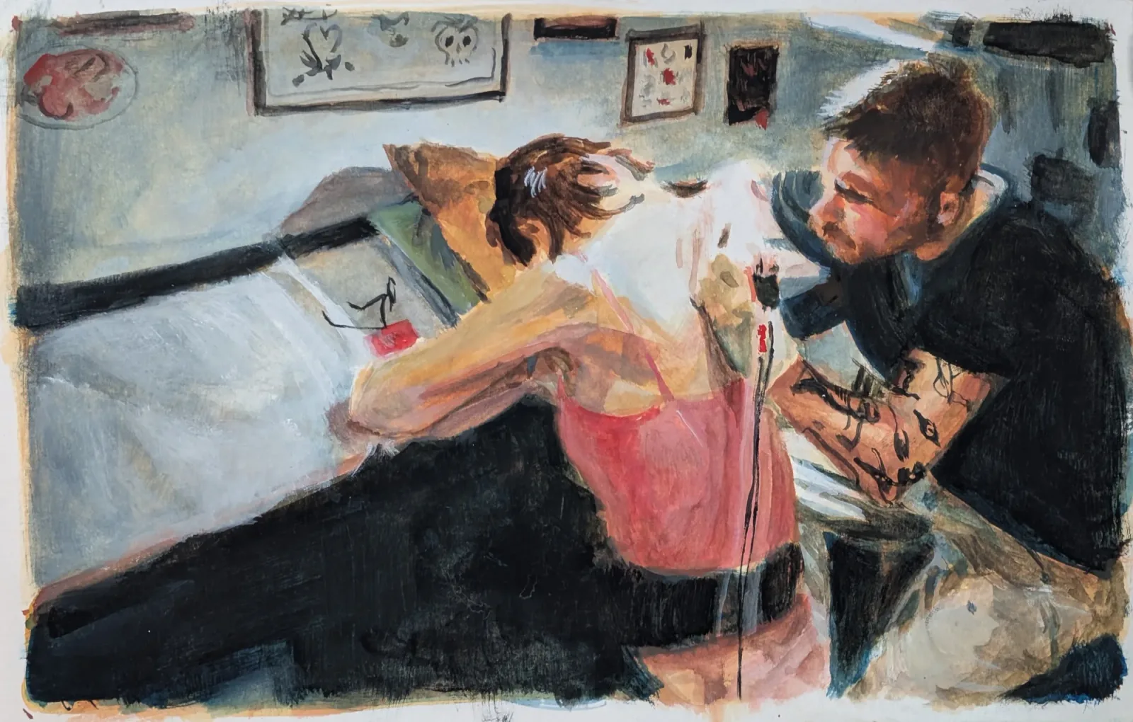 Constellations, Aquarelle et gouache, techniques mixtes, 2026, 13 × 21 cm, peinture d'Aurian Guerard des Lauriers. Un homme tatoué tatoue le dos d’une femme.