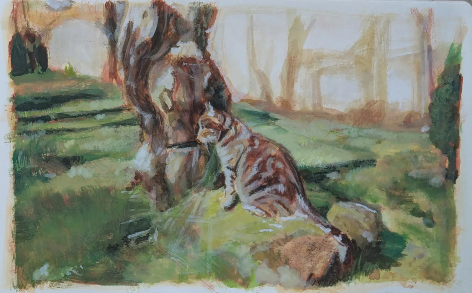 Raksha the cat, Aquarelle et gouache, techniques mixtes, 2026, 13 × 21 cm, peinture d'Aurian Guerard des Lauriers. Un chat tigré au pied d’un arbre, dans un jardin ensoleillé.