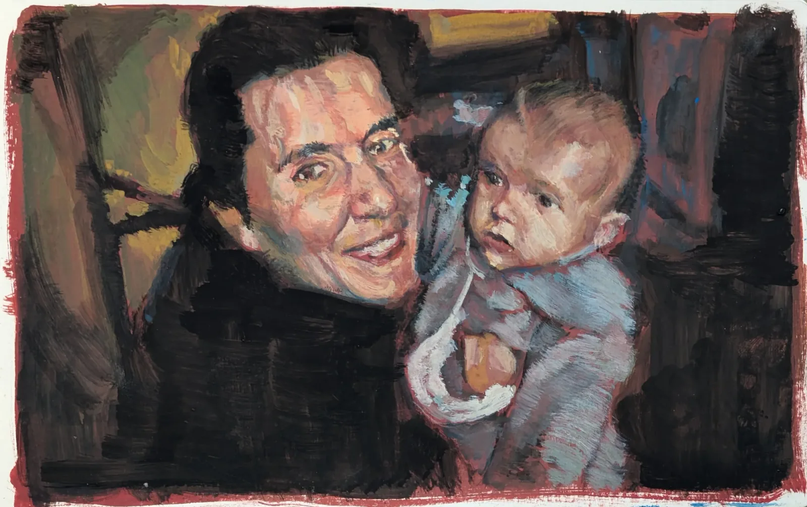 Mother and child, Aquarelle et gouache, techniques mixtes, 2026, 13 × 21 cm, peinture d'Aurian Guerard des Lauriers. Une femme souriante tient un bébé.