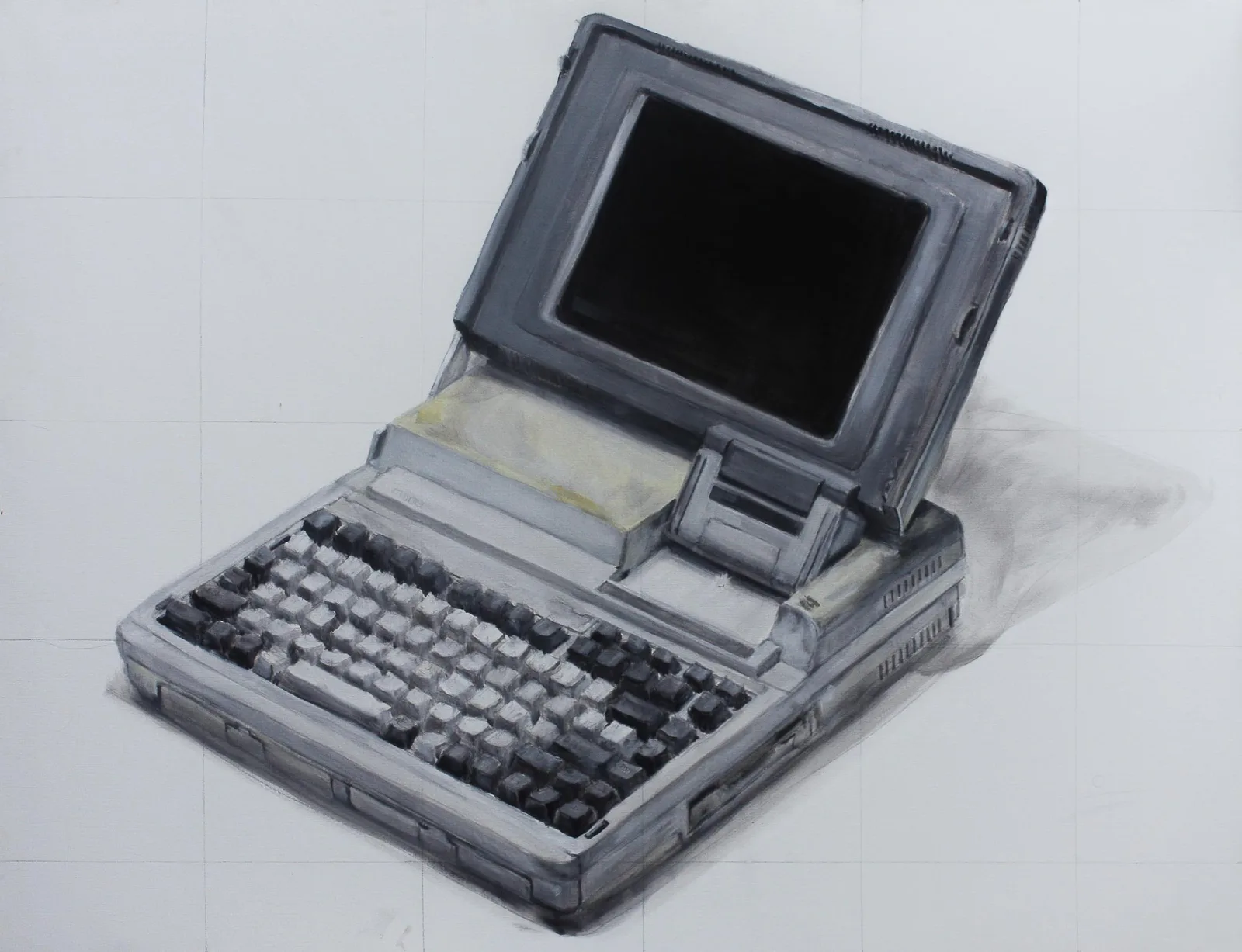 Ordinateur, Huile sur toile, 2016, 80 × 100 cm, peinture d'Aurian Guerard des Lauriers. Un ordinateur portable gris des années 1990, ouvert, écran noir.