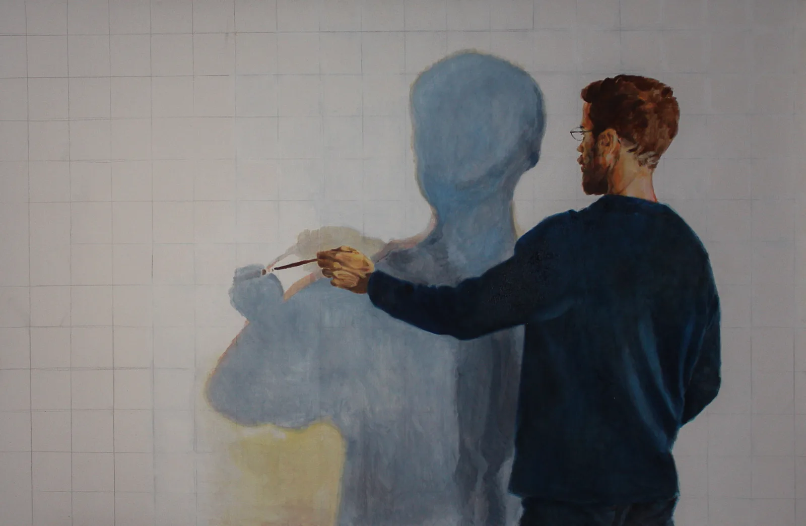Shadow, Huile sur toile, 2018, 130 × 200 cm, peinture d'Aurian Guerard des Lauriers. Autoportrait de l'artiste peignant sa propre ombre sur une mise au carrée. Réminiscence du mythe de Callirrhoé, du vampyre de Murneau, ou des ombres projeté par les ready made de Duchamp.