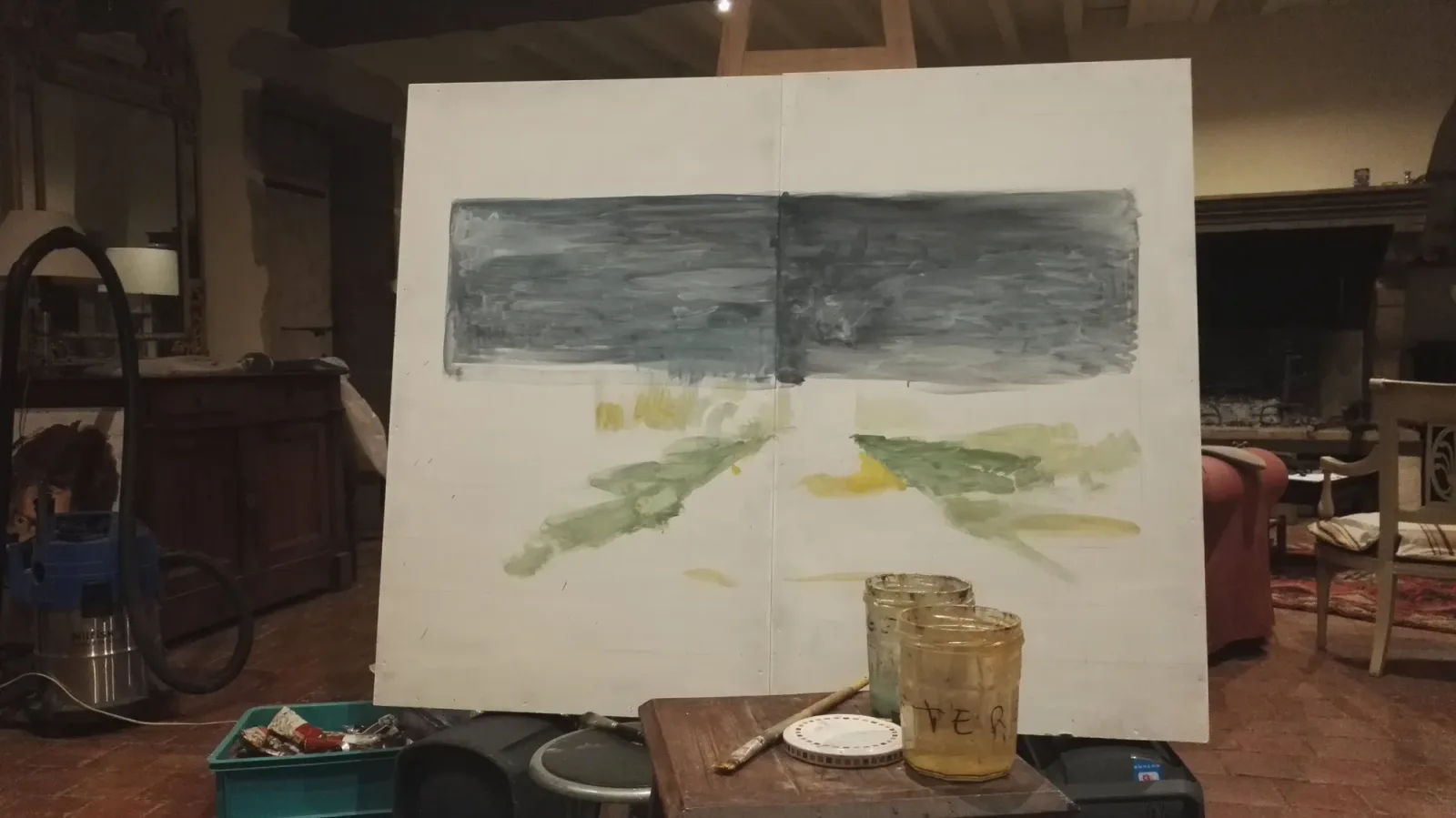 Studio, February 27, 2018. First grey and green wash across the panels. Aurian Guerard des Lauriers.