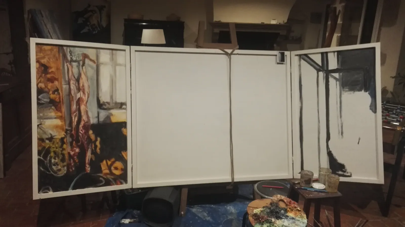 Studio, March 15, 2018. The hanging carcass panel is painted. The window panel has begun. Aurian Guerard des Lauriers.