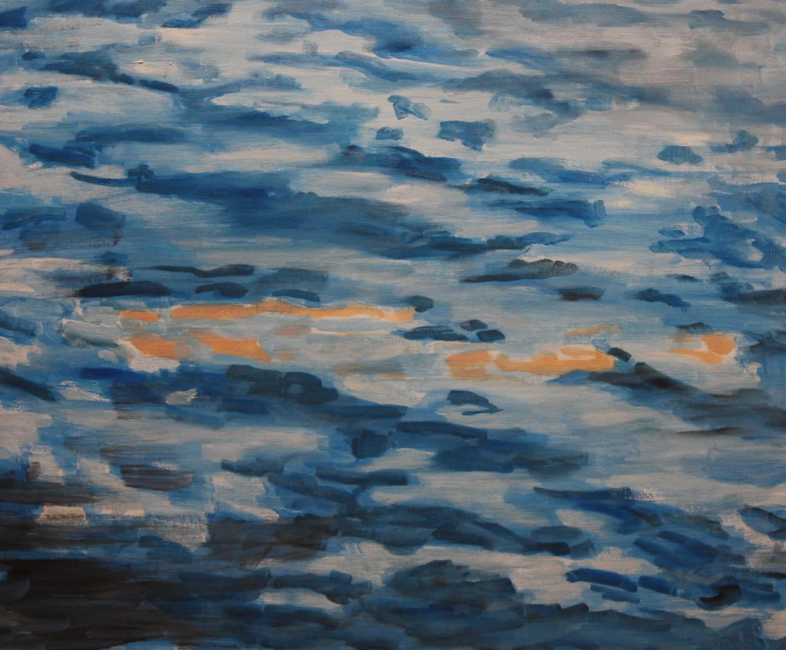 Study 1, Huile sur toile, 2016, 30 × 40 cm, peinture d'Aurian Guerard des Lauriers. Ondulations bleues à la surface de l’eau, traversées de reflets orange.