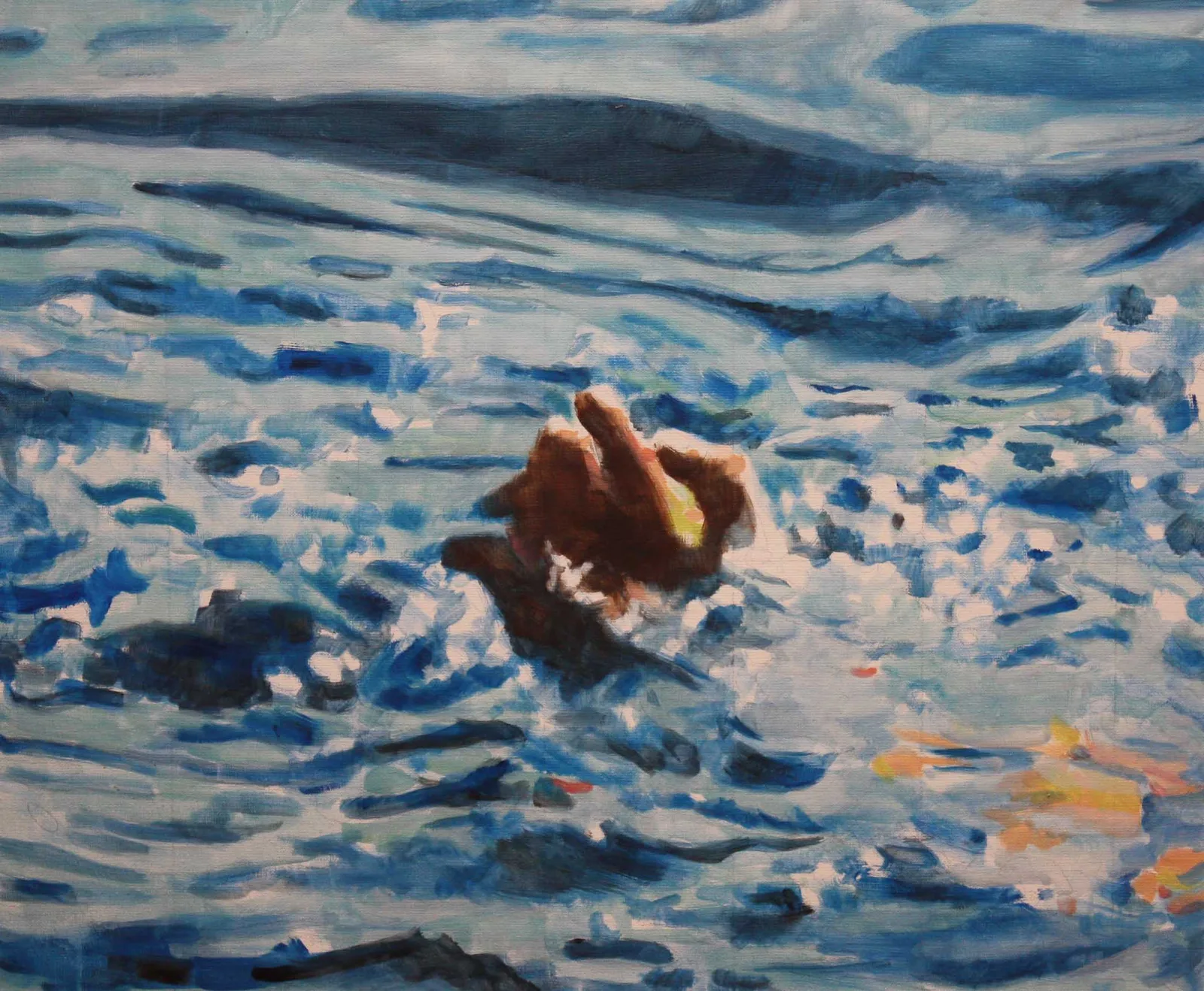 Study 2, Huile sur toile, 2016, 30 × 40 cm, peinture d'Aurian Guerard des Lauriers. Une main perce la surface d’une eau bleue et vive.