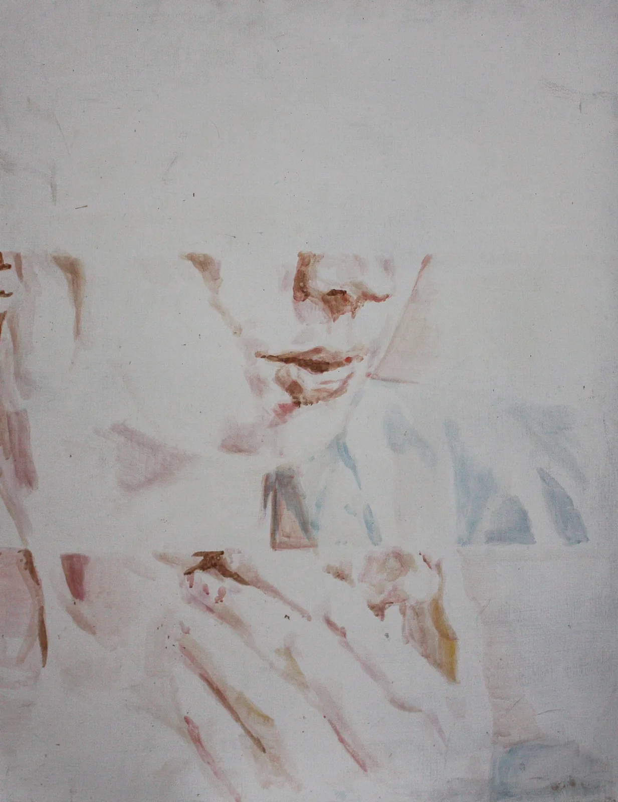 Things, Huile sur toile, 2012, 80 × 60 cm, peinture d'Aurian Guerard des Lauriers. Un visage et des mains esquissés en jus bruns et bleus sur une toile presque blanche.