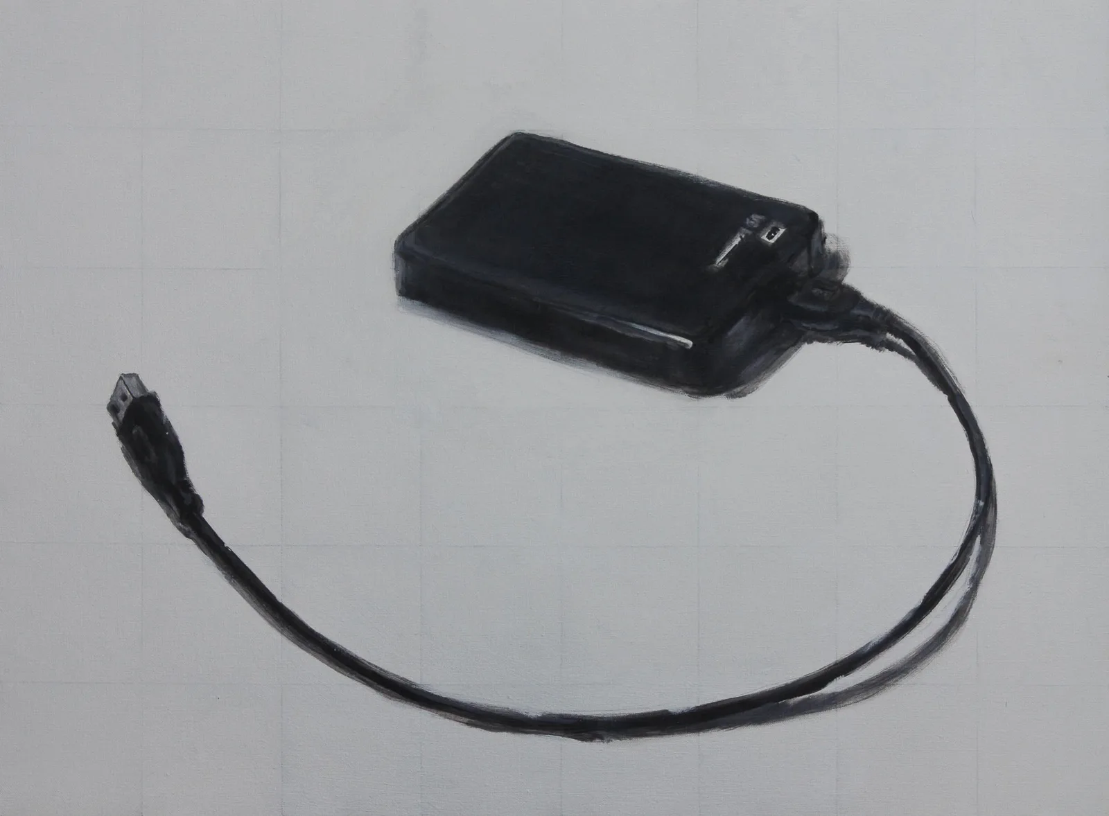 Western Digital, Huile sur toile, 2016, 60 × 80 cm, peinture d'Aurian Guerard des Lauriers. Un disque dur externe noir et son câble USB sur fond blanc.